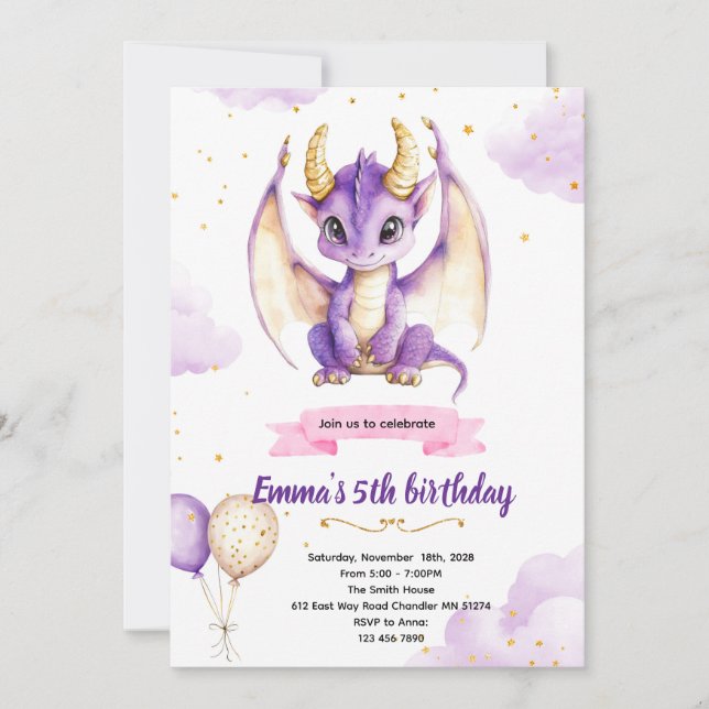Purple dragon birthday party invitation (Front)