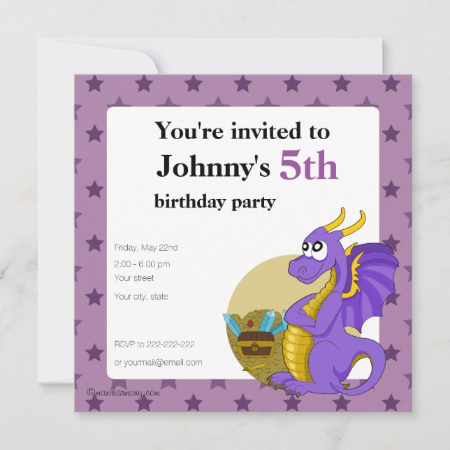 Purple dragon cartoon birthday print invitations (Front)
