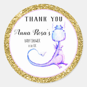 *~* Purple Dragon Glitter Baby Shower Thank You Classic Round Sticker