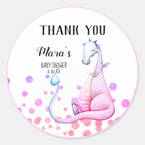 *~* Purple  Dragon Glitter Baby Shower Thank You Classic Round Sticker