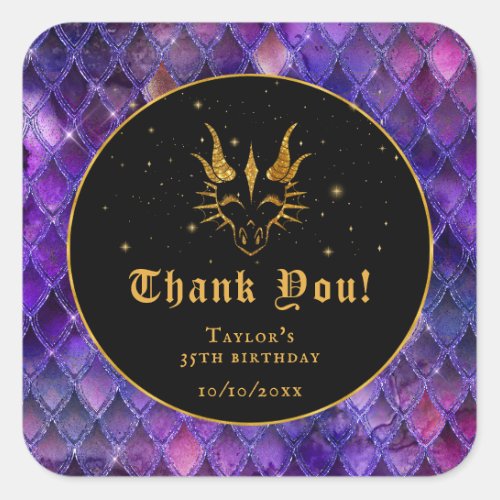 Purple Dragon Scales Gold Birthday Thank You Square Sticker