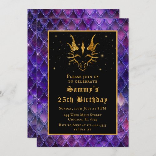 Purple Dragon Scales Gold Faux Glitter Birthday Invitation