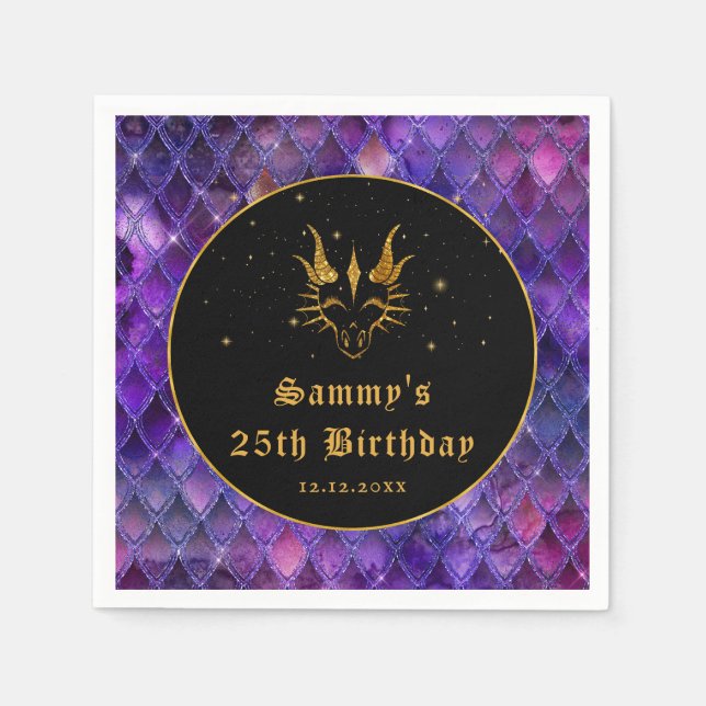 Purple Dragon Scales Gold Faux Glitter Birthday Napkins (Front)