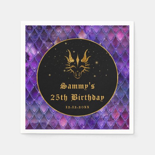 Purple Dragon Scales Gold Faux Glitter Birthday Napkins