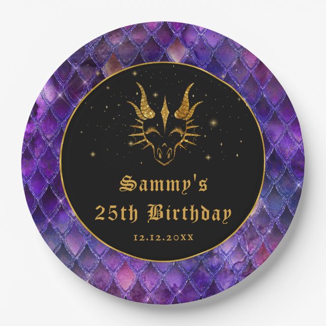 Purple Dragon Scales Gold Faux Glitter Birthday Paper Plates (Front)