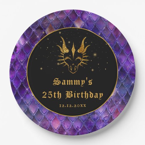 Purple Dragon Scales Gold Faux Glitter Birthday Paper Plates