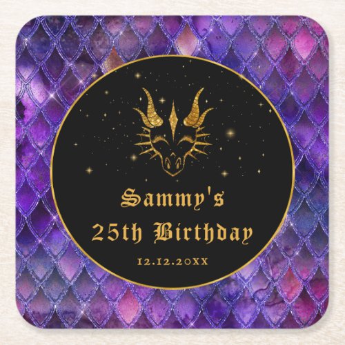 Purple Dragon Scales Gold Faux Glitter Birthday Square Paper Coaster