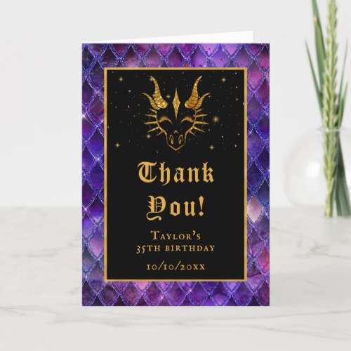 Purple Dragon Scales Gold Faux Glitter Birthday Thank You Card