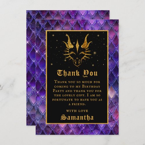 Purple Dragon Scales Gold Faux Glitter Birthday Thank You Card