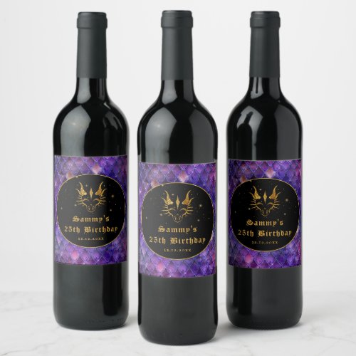 Purple Dragon Scales Gold Faux Glitter Birthday Wine Label