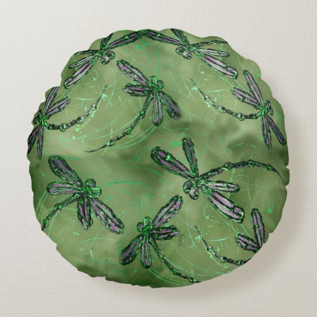 Purple Dragonflies on Soft Green Round Pillow (Front)