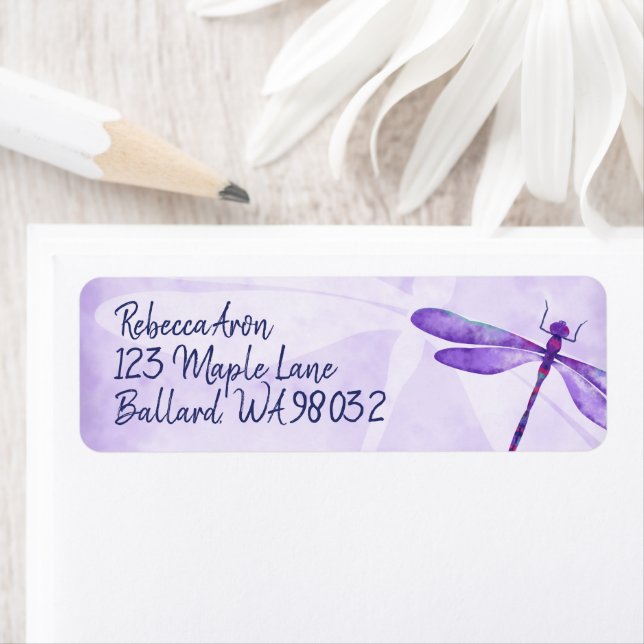 Purple Dragonfly Address Label, Lilac Dragonflies Label (Insitu)