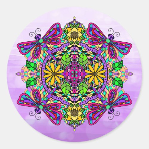 Purple Dragonfly and Flowers Mandala Hand Drawn   Classic Round Sticker