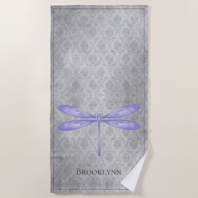 Purple Dragonfly Damask Beach Towel (Front)