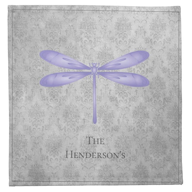 Purple Dragonfly Damask Cloth Napkin (Front)