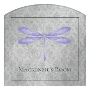 Purple Dragonfly Damask Door Sign