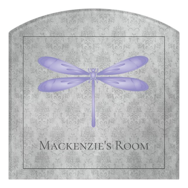 Purple Dragonfly Damask Door Sign (Contour Front)