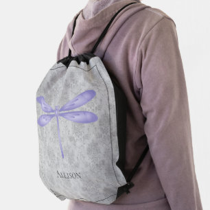 Purple Dragonfly Damask Drawstring Bag