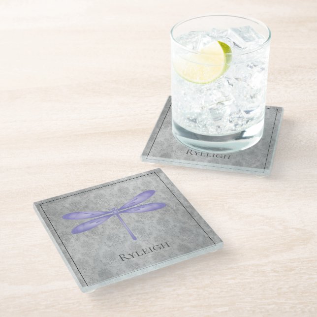Purple Dragonfly Damask Glass Coaster (Angled)