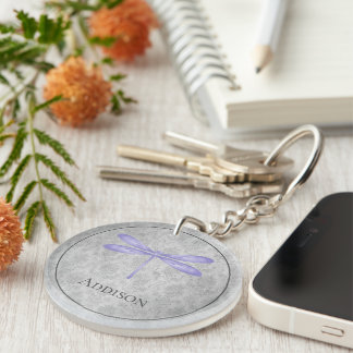 Purple Dragonfly Damask Keychain