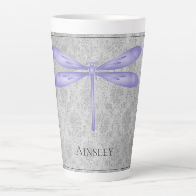 Purple Dragonfly Damask Latte Mug (Front)