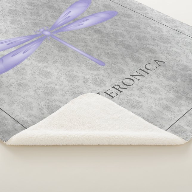 Purple Dragonfly Damask Personalized Sherpa Blanket (3/4)