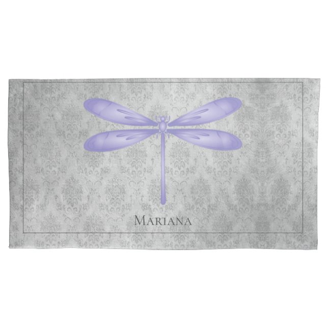 Purple Dragonfly Damask Pillow Case (Front)