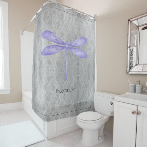 Purple Dragonfly Damask Shower Curtain