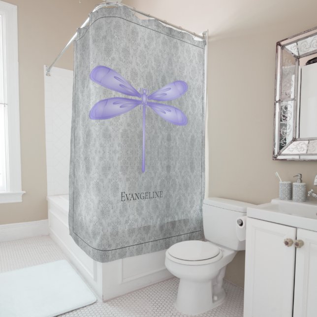 Purple Dragonfly Damask Shower Curtain (In Situ)