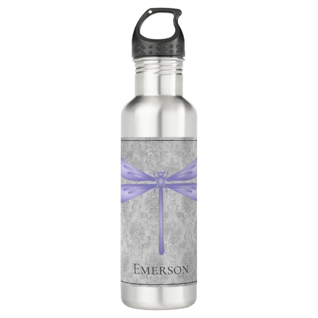 Purple Dragonfly Damask Stainless Steel Water Bottle (Front)