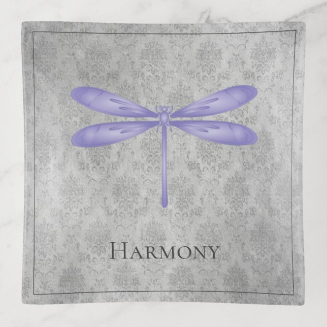 Purple Dragonfly Damask Trinket Tray (Front)