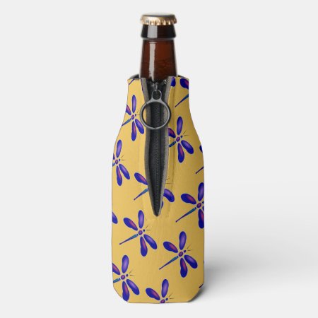 Purple Dragonfly Digital Art With Yellow Bottle Cooler