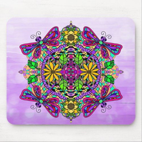 Purple Dragonfly Mandala Hand Drawn Art Mouse Pad