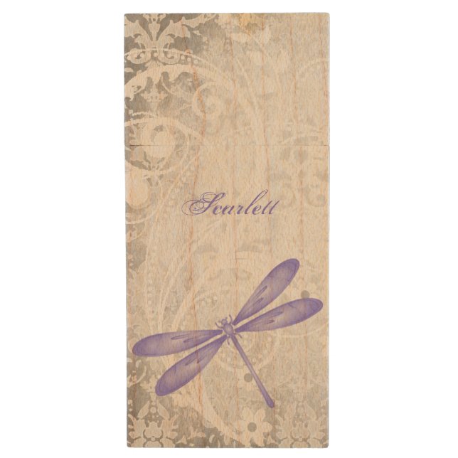 Purple Dragonfly Personalize Wooden Flash Drive (Front Vertical)