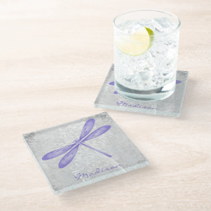 Purple Dragonfly Personalized Glass Coaster