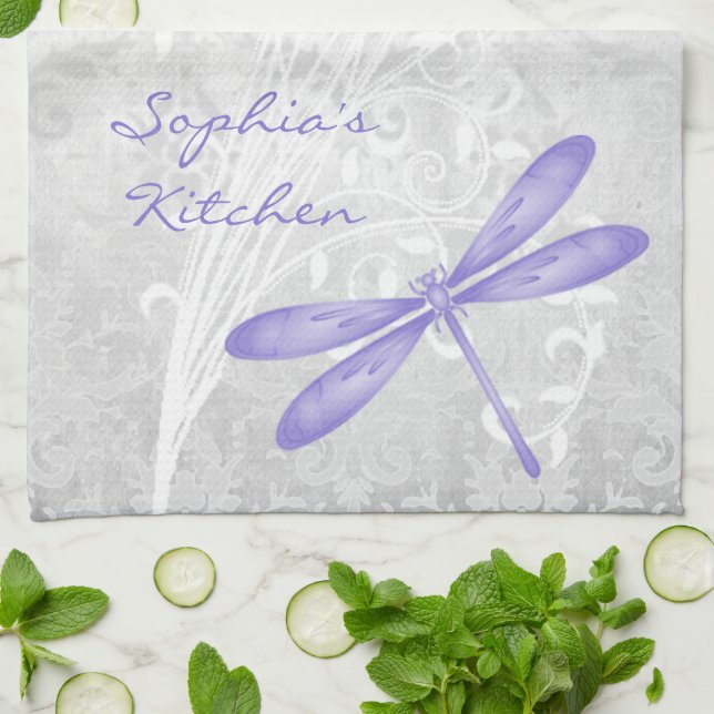 Purple Dragonfly Personalized Kitchen Towel (Folded)