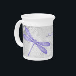 Purple Dragonfly Personalized Porcelain Pitcher<br><div class="desc">Serve your hot or cold beverages with this unique Purple Dragonfly Personalized Porcelain Pitcher. Pitcher design features a colorful dragonfly, a soft white leafy vine against a light gray grunge damask background with an area to personalize with your name. Additional gift items available with this design as well as a...</div>