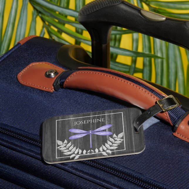 Purple Dragonfly Rustic Luggage Tag (Front Insitu 3)