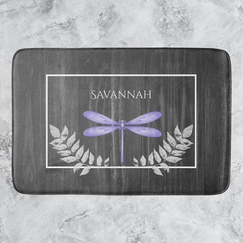 Purple Dragonfly Rustic Personalized Bath Mat