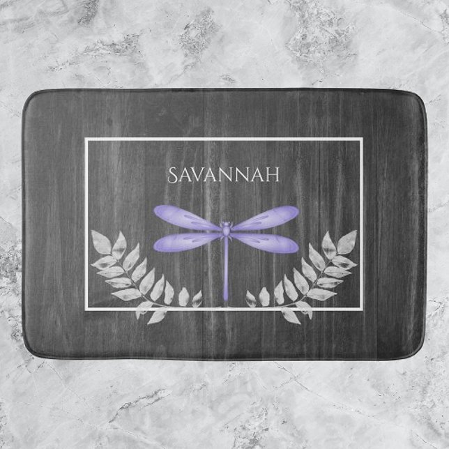 Purple Dragonfly Rustic Personalized Bath Mat (Purple Dragonfly Rustic Personalized Bath Mat)