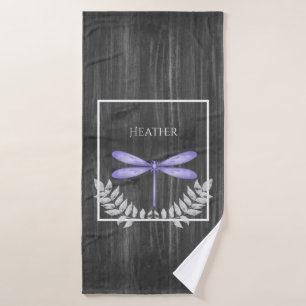 Purple Dragonfly Rustic Personalized Bath Towel Set