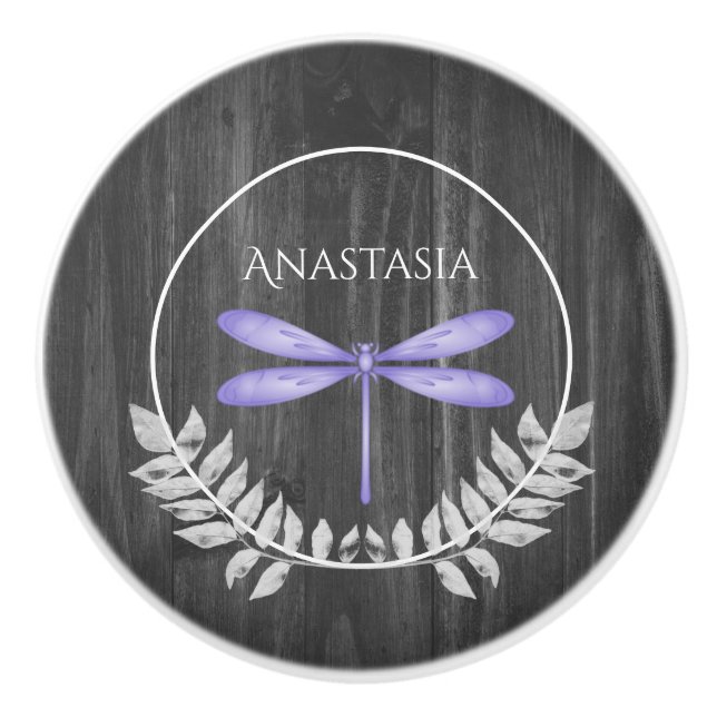 Purple Dragonfly Rustic Personalized Ceramic Knob (Front)
