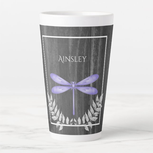 Purple Dragonfly Rustic Personalized Latte Mug (Front)