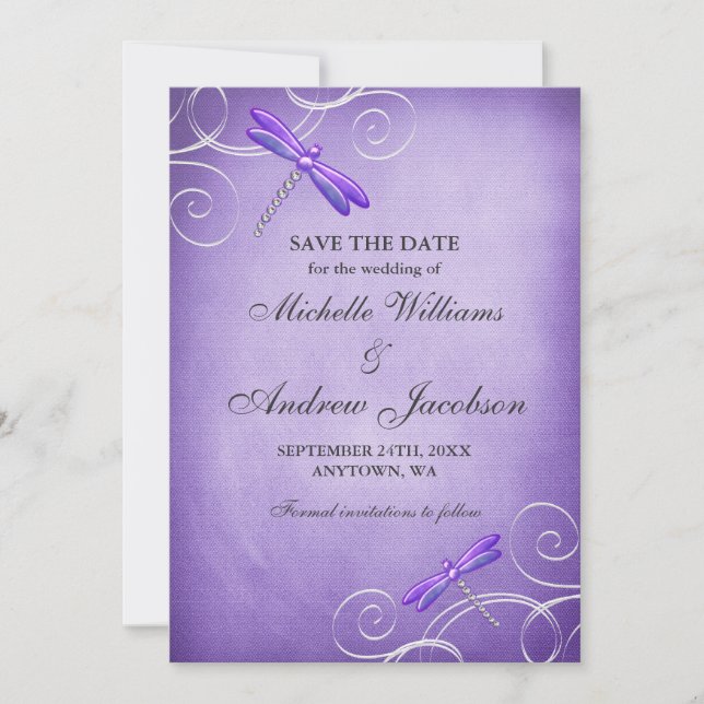 Purple Dragonfly Swirls Wedding Save the Date (Front)
