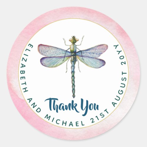Purple Dragonfly Watercolor Floral Wedding Budget Classic Round Sticker