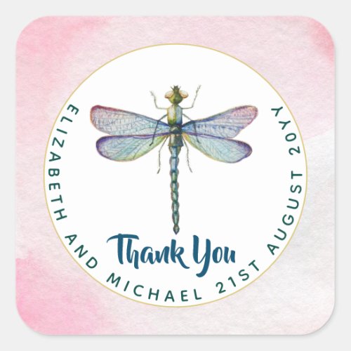 Purple Dragonfly Watercolor Floral Wedding Budget Square Sticker