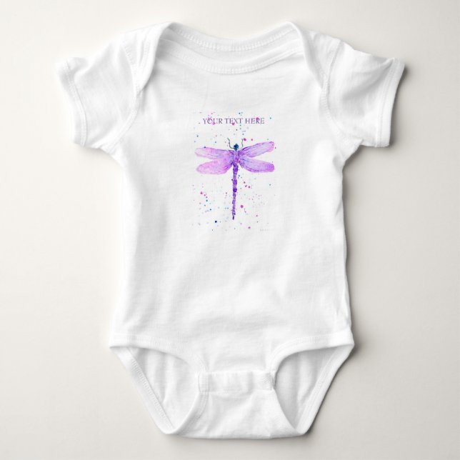 Purple dragonfly watercolor girly cute baby bodysuit (Front)