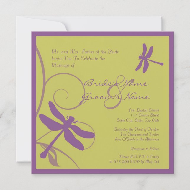 Purple Dragonfly Wedding Invitation (Front)