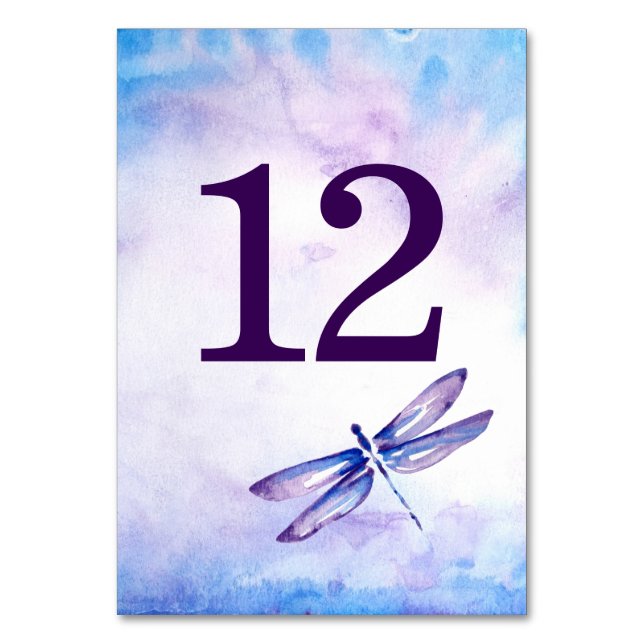 Purple Dragonfly Wedding Table Number | Watercolor (Front)
