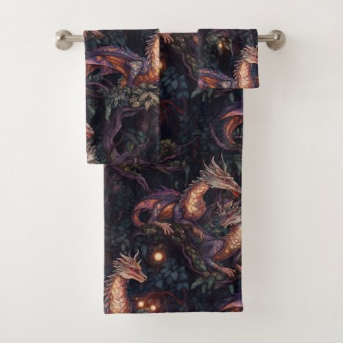 Purple Dragons Perched in Trees Bath Towel Set